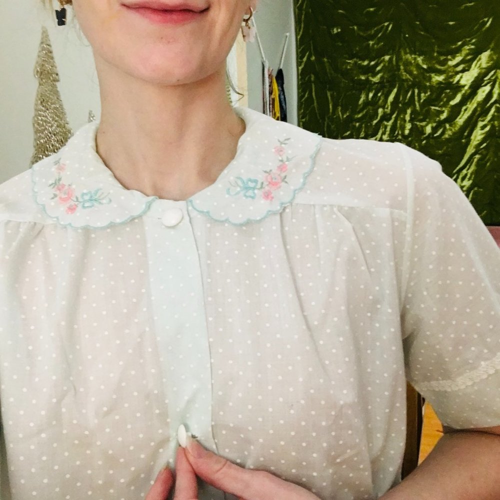 Vintage Baby Blue Nightgown Embroidered Collar